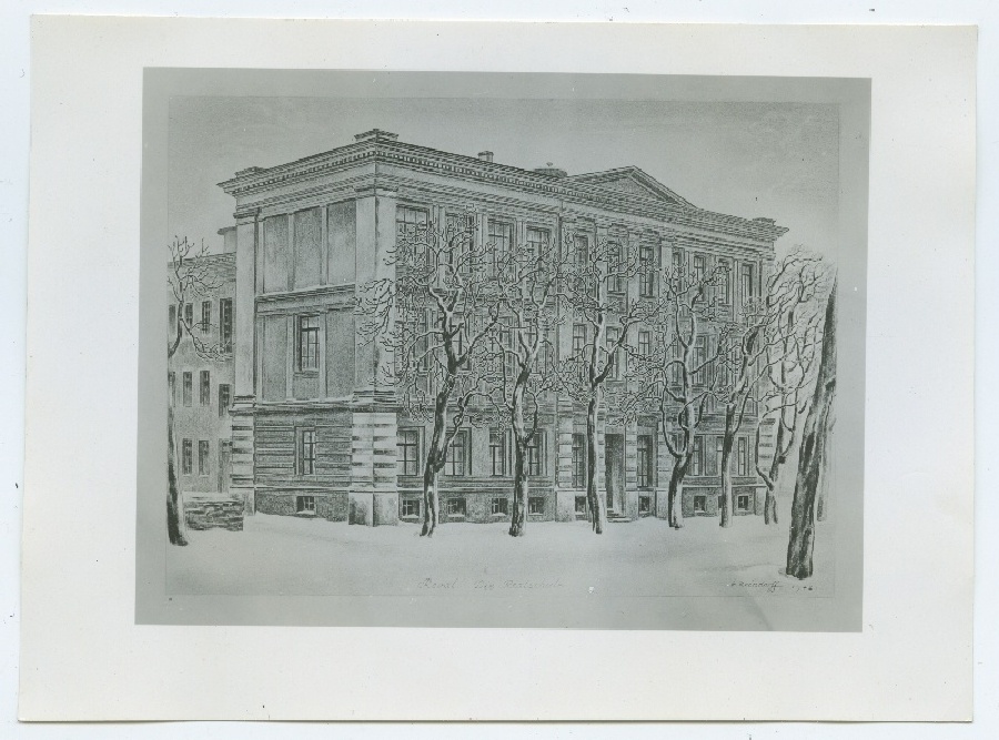 G.reindorff, "Reval, Die Revalschule" 1942, Fassade of Real School Estonia puiesteel.