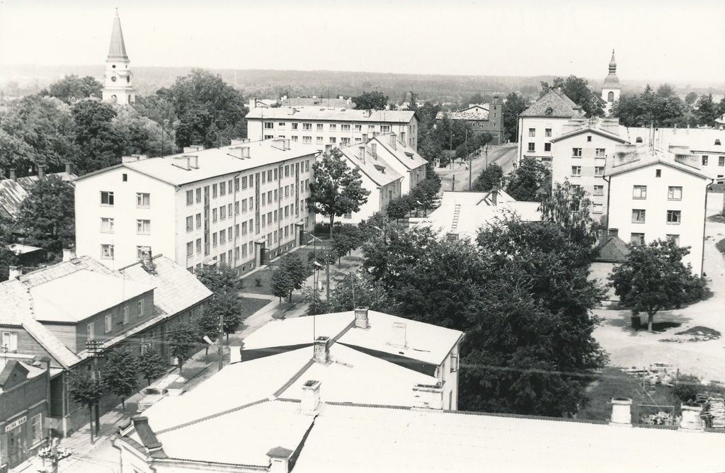 Photo. View on Tartu Street in Võru Milk Products combinate tower sheep roof in July 1976.