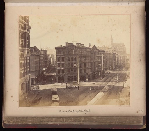 Folio 5 recto : The New York Times building, New York City, United States of America. Photograph, ca. 1880. Albumen print. - Lettering: Views collected during a tour through America, by J. D., 1880. Title page lettering is in coloured ink; lettering in smaller hand-written letters: "M.C. Peck, Hull, 1881" - The United States of America: landscapes, architecture and portraits. Photographs (some by Francis Frith), ca. 1880. Lettering: Views collected during a tour through America, by J. D., 1880. Album cover bears gold embossed title "American views" and label reading "Lot 264". Title page lettering is in coloured ink; lettering in smaller hand- written letters: "M.C. Peck, Hull, 1881" Wellcome Library no. 571154i.