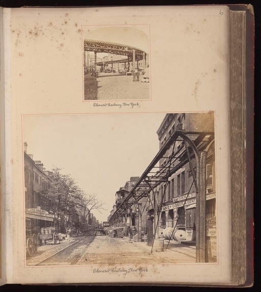 Folio 6 recto : New York City, USA: an elevated railway. - Lettering: Views collected during a tour through America, by J. D., 1880. Title page lettering is in coloured ink; lettering in smaller hand-written letters: "M.C. Peck, Hull, 1881" - Folio 6 recto : New York City, United States of America: an elevated railway. Photograph by Francis Frith, ca. 1880. The United States of America: landscapes, architecture and portraits. Photographs (some by Francis Frith), ca. 1880. Lettering: Views collected during a tour through America, by J. D., 1880. Album cover bears gold embossed title "American views" and label reading "Lot 264". Title page lettering is in coloured ink; lettering in smaller hand- written letters: "M.C. Peck, Hull, 1881" Wellcome Library no. 571154i.