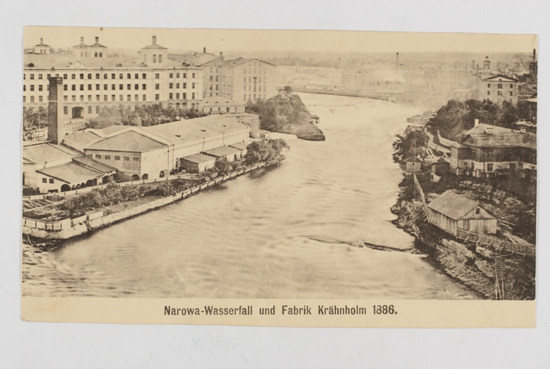 Gravüür "Narowa - Wasserfall und Fabrik Krähnholm 1886"