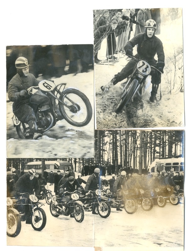 Foto, must-valge, Pärnu Kommunist. Kollaaž motovõistlustelt Pärnus.