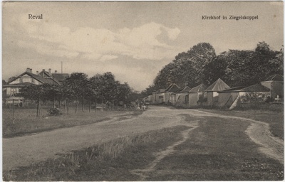 View of the Order (Cople) cemetery in the summer. In front of the midst of the stitched road, on the left young trees, one-two-storey apartments. From the road to the right cemetery with cemetery tables.  duplicate photo