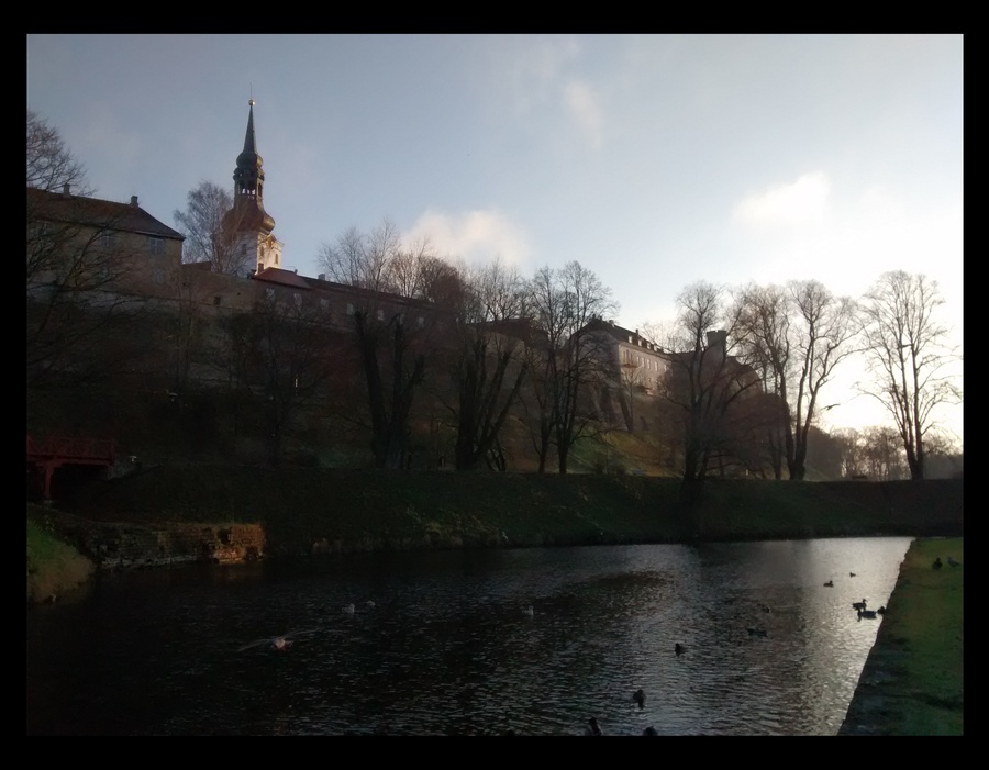 Vaade Toompeale ja Šnelli tiigile Balti jaama poolt. Tagaplaanil Toomkiriku torn. rephoto