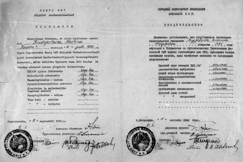 Tunnistus, et Alevtina Kudrjavtseva lõpetas edukalt Jegorjevskis MTJ  raamatupidajate kursused 15.sept. 1943.a.