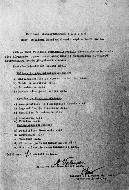 Hariduse Rahvakomissari juhend Tallinna Tehnikaülikooli aspirantuuri kohta, 1941.a.