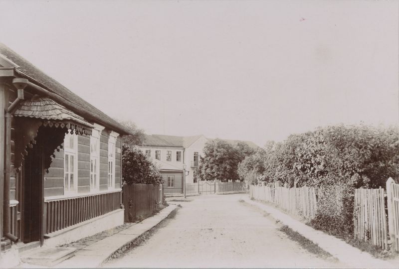 Photo. View from the Liiva Street to the Bergfeldt mud treatment facility. Black and white.  19th century. End. Paspartuul.