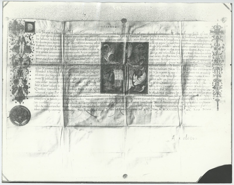 Fotokoopia vapidiplomist, mille paavst Clemens VII andis vabahärra Patckulile.