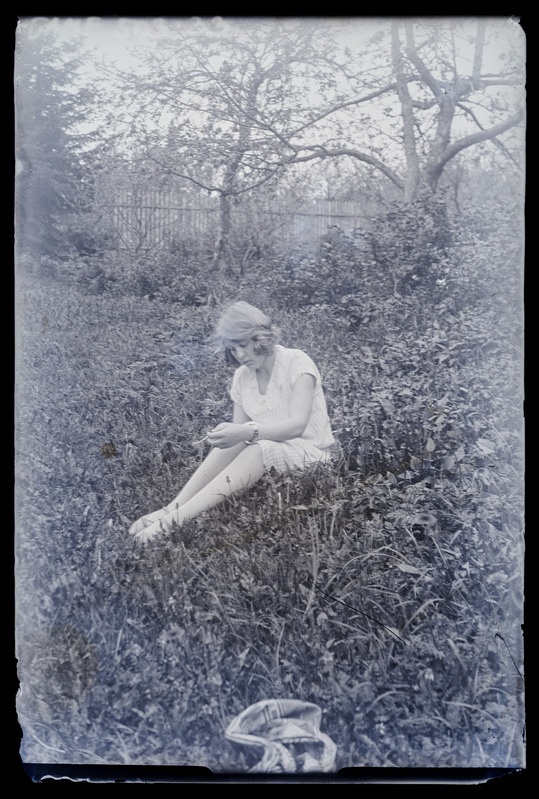 Naise portree. Aias rohul istumas