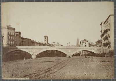 GERONA-398.- Isabel Bridge 2nd - View from the sand of the Stone Bridge, eleven years after its construction In the background, on the left, is remarkable the presence of the old bell tower of Bernardes and the bell convent of Santa Clara, which would be demolished in 1873. On the right is a convent of the promenade  duplicate photo