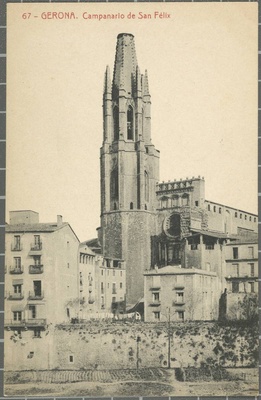 67 -Gerona. Campanario de San Félix - View of the church and bell tower of Sant Feliu from across the river. First, cultivated orchards on the bed of the river Onyar.  duplicate photo