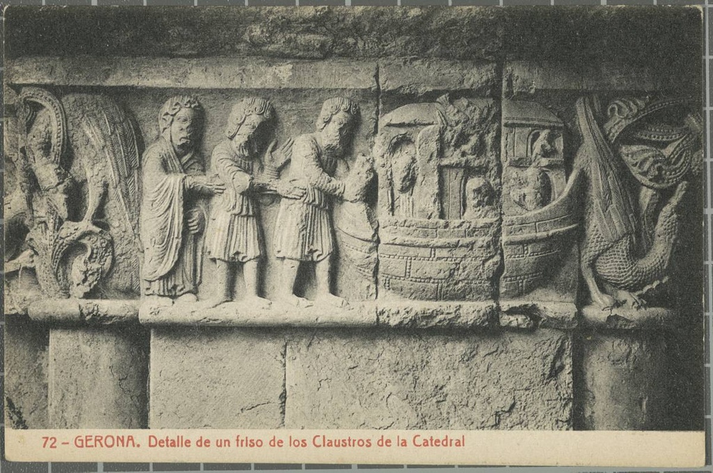 72 -Gerona. Detalle of a frieze of los Claustros of the Cathedral - Detail of a frieze cloister of the Cathedral of Girona which represents the scene of the construction of the Ark de Noah.