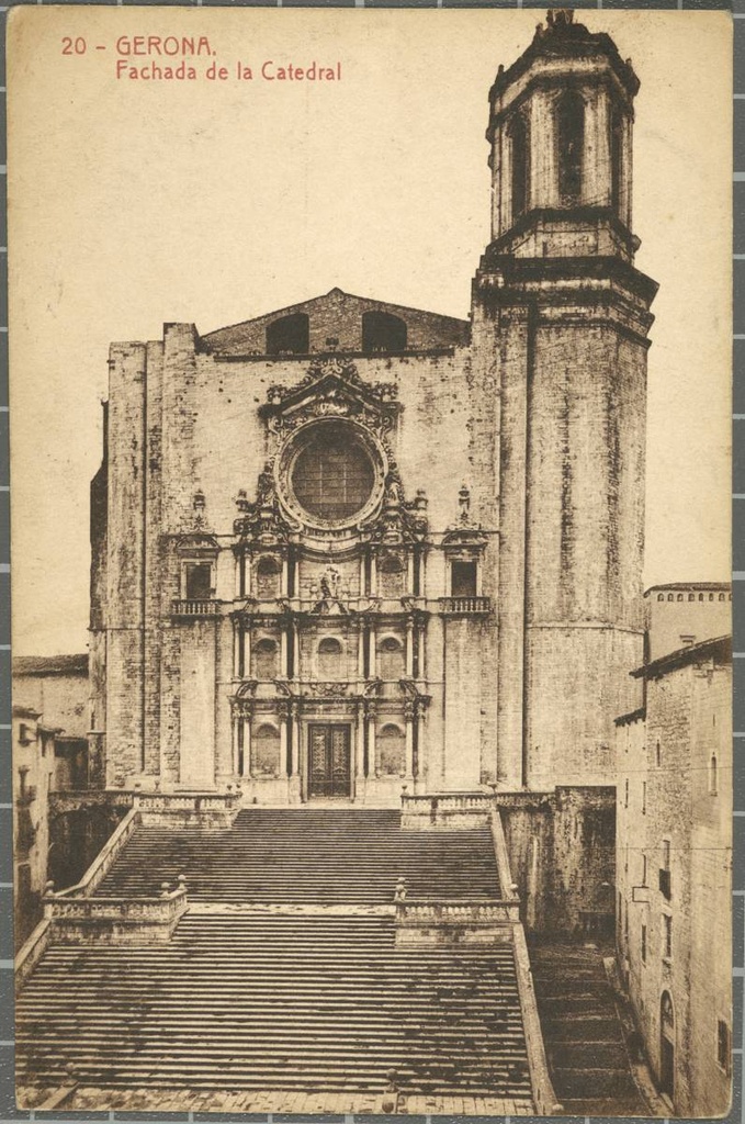 20-Gerona. Fachada of the Cathedral - View of the baroque facade of the Cathedral of Girona from a high point. On the right, the Pia Almoina.