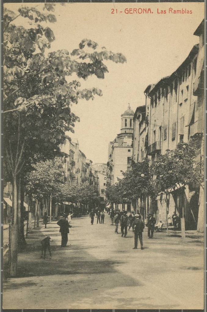 21- GERONA. Las Ramblas - Overview of the Rambla de la Libertad. In the background, the bell tower of the Cathedral of Girona.