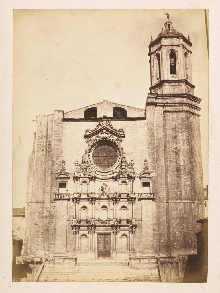 [Cathedral of Girona] - General view of the baroque façade and the bell tower of the Cathedral of Girona from the square of the same name