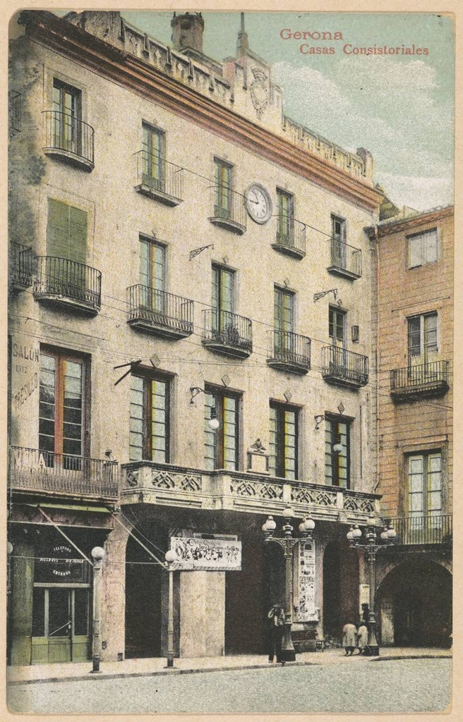 Gerona. Consistory Houses - Facade of the City Council of Girona, in the Plaza del Vino. On the right, the cafe d’ en Vila