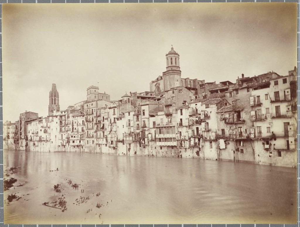 [View of the houses of the Onyar] - View of the Onyar River as it passes throught the city centre In the background stand, from left to right, the bell tower of the church of Sant Feliu, the tower of the Old Institute and the Cathedral of Girona.
