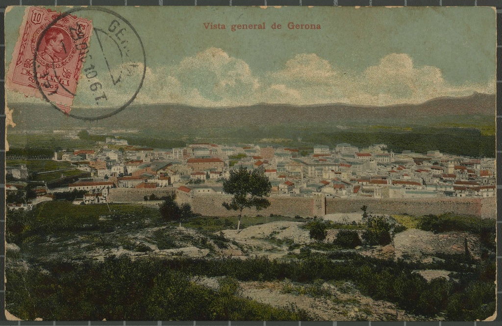 General view of Gerona - Panoramic view from Las Canteras with the wall in the second place On the left, the bastion of Mercy and the centre, the tower Portal Nou. In the background on the left, the bastion of St. Francis.