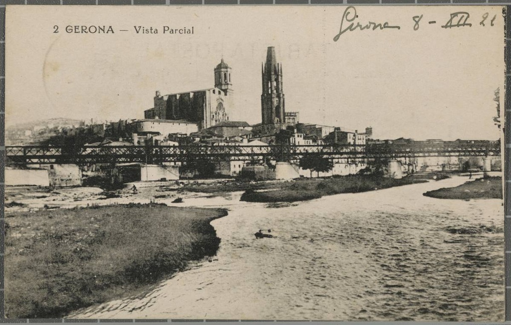 2. Gerona- Partial view - View of the Ter River at the confluence with the Onyar River, at the height of the Railway Bridge. In the background, the Cathedral of Girona and the church of Sant Feliu.