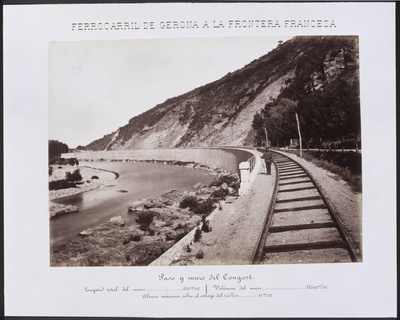 Railway from Gerona to the French Border. Paso y muro del Gorge - Trace of the railway track at the height of the gorge pass. On the left, the river Ter  duplicate photo