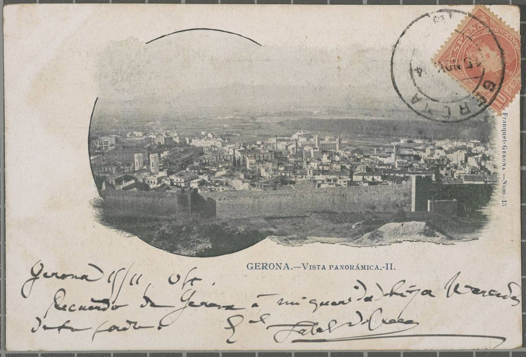 Gerona.- Panoramic view.-II. -Gerona-No.15 - View of the city from the mountain of Las Canteras In the second term, the wall section between the tower of the Portal Nuevo and the Calle de los Socorro. At the bottom from left to right protruding towers of the Sacred Heart church, the bell church of Santa Susanna and Bernardes.