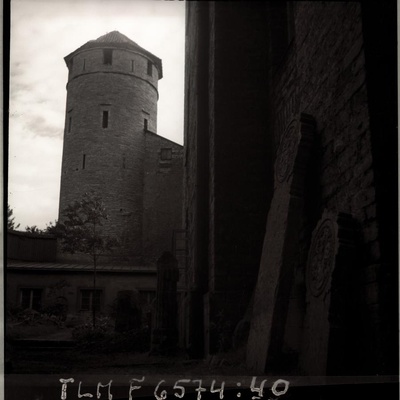 The garden of Tallinn City Museum, in the background Stolting Tower.  similar photo