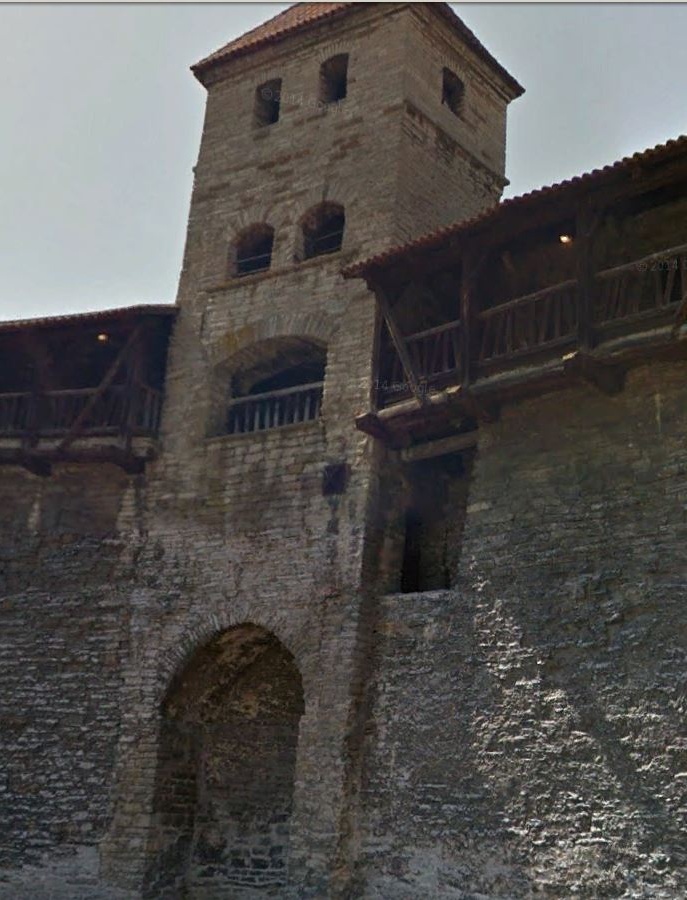 Tallinn, view of Saunatorn from the inside of the city wall, four-sected, front right attachment. rephoto