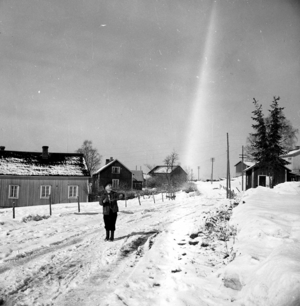 Pikkupoika seisomassa Nissilän ja Jurvalan maatilojen tienoolla Talmantien varressa talvella 1959.