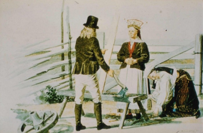 Hiiumaa rahvariides naised ja mees (reigirootslased) aia juures. (E.H.Schlichtingi akvarell,1852)