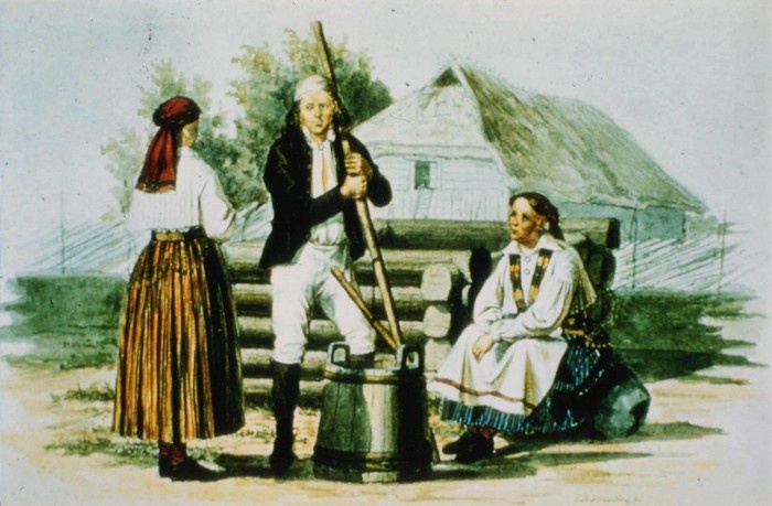 Hiiumaa rahvariides naised ja mees (reigirootslased) talu õuel toobri juures. (E.H.Schlichtingi akvarell,1852)