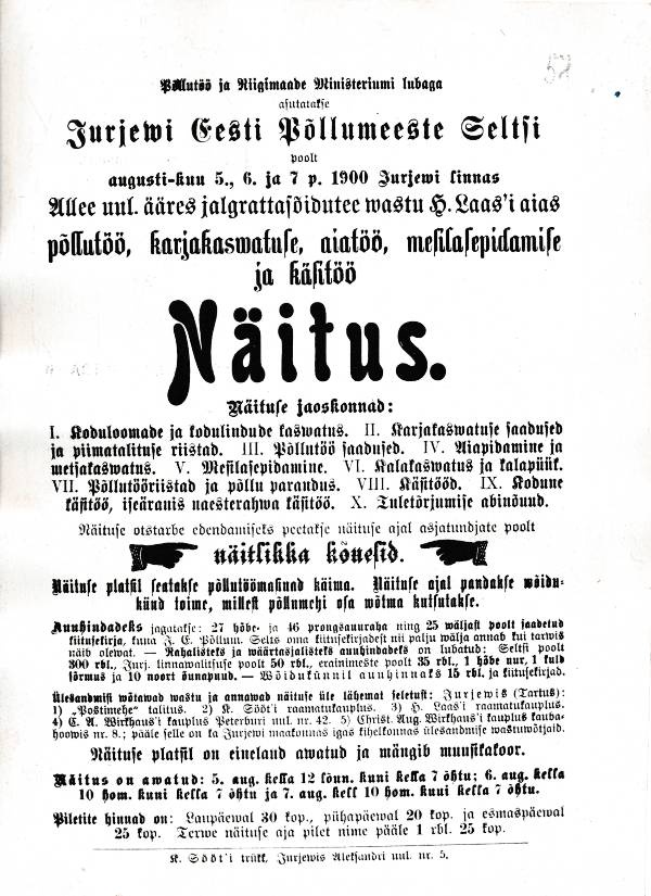 Fotokoopia. Kuulutus RAKAs Jurjevi Eesti Põllumeeste Seltsi näituse kohta.