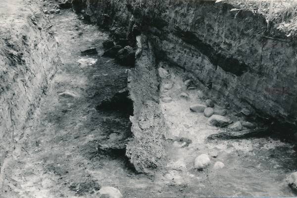 Arheoloogiline kaevamine Tartus 1979a. Kaevise keskosa, linnuse puitpiire.