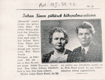 Fotokoopia ajalehest Postimees. Juhan Simm pühitseb hõbepulmapäeva. 11.01.1939.a.  duplicate photo