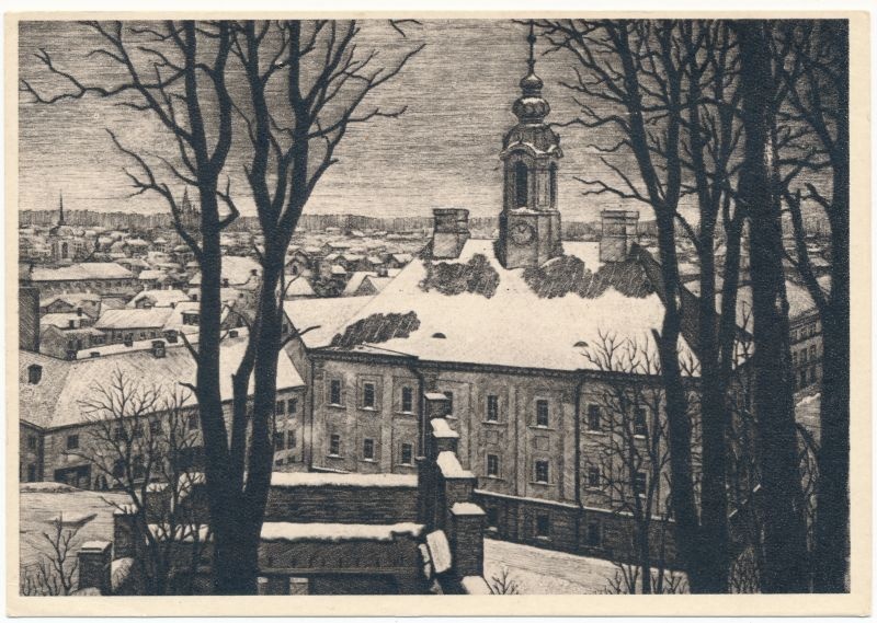 Postkaart. Tartu vaade. L. Ennosaar. Tartu raekoda. Puugravüür.