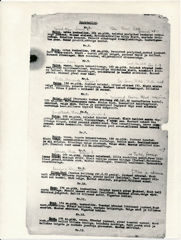 Fotokoopia materjalidest, koostatud 1941a komisjoni poolt tuvastatud isikud, kes tapeti Tartu vanglas 1941a. Protokollid lk 2, nimestik.