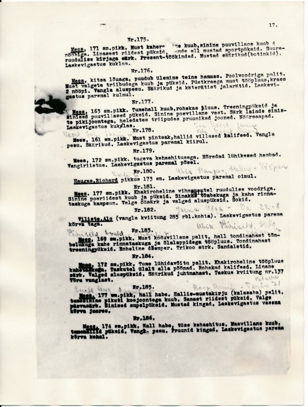 Fotokoopia materjalidest, koostatud 1941a komisjoni poolt tuvastatud isikud, kes tapeti Tartu vanglas 1941a. Protokollid lk 17, nimestik.