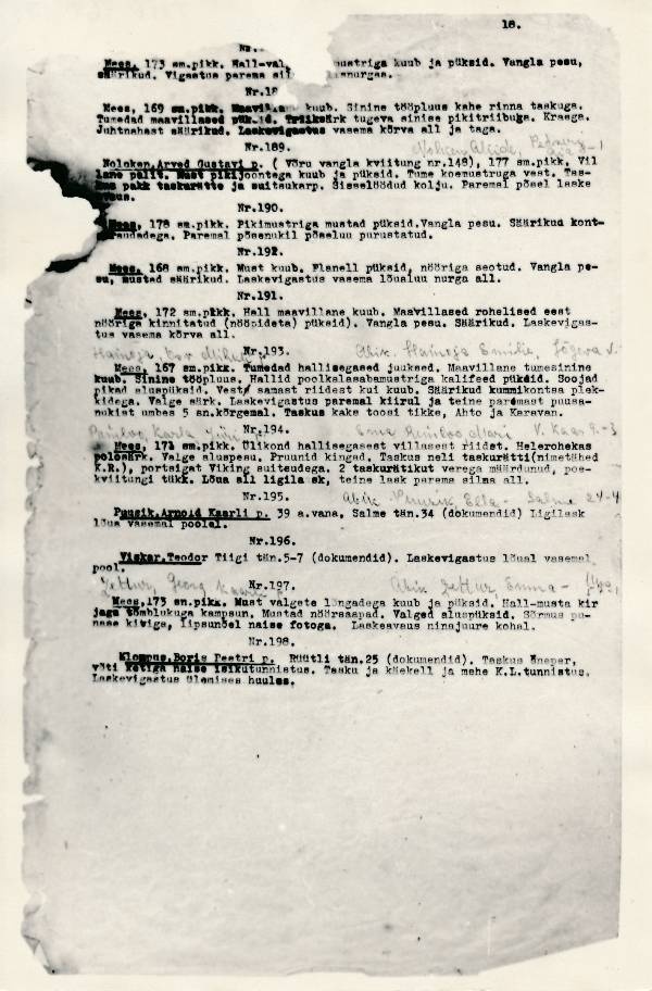 Fotokoopia materjalidest, koostatud 1941a komisjoni poolt tuvastatud isikud, kes tapeti Tartu vanglas 1941a.