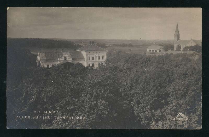 fotopostkaart, Viljandi, uus mõisahoone Jaani kiriku tornist , u 1912, foto J. Riet (Wiljandi)