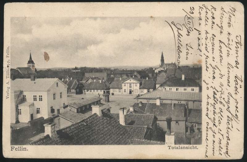 trükipostkaart, Viljandi, turuplats raekoja tornist, postitempel 24.03.1903, Verlag A. Tõllasepp (Fellin)