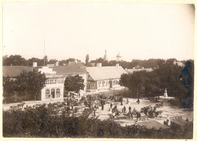 Foto. Haapsalu linna turuplats turupäeval, vaade linnuse müürilt. Esiplaanil turulised hobuveokiga. u 1900.