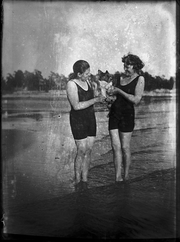 Klaasnegatiiv. Kaks supeltrikoos naisterahvast vees koerakesega. Pärnu maakond, Häädemeeste