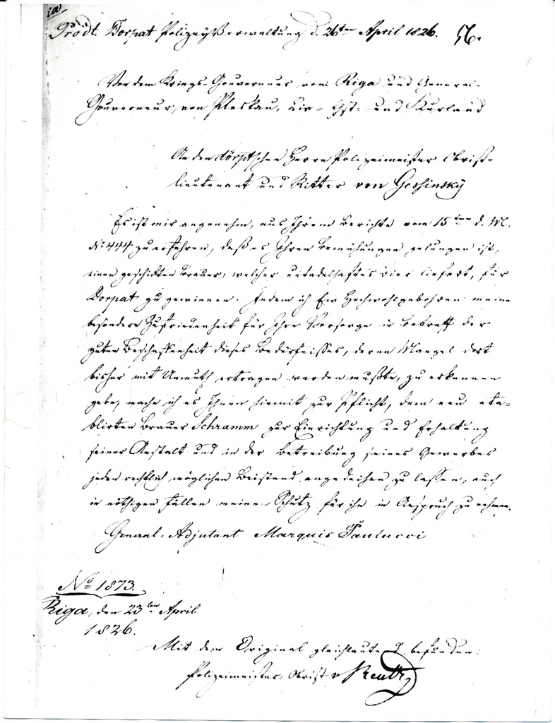 Fotokoopia. Kindralkuberner M.Paulucci kiri J.R.Schrammile Tartu Õllevabriku asutamise kohta. 23.04.1826.a.