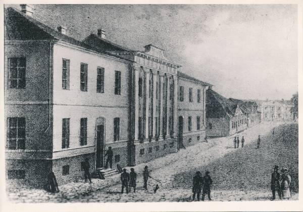 Tartu linnavaade. Gümnaasium Rüütli tn. G.F. Schlateri litograafia 1860ndatel.
