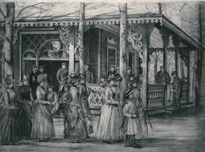 Fotokoopia joonistusest. Elu-olu Tartus 19. sajandil. Paviljon / limonaadimajake Toomemäel.  duplicate photo