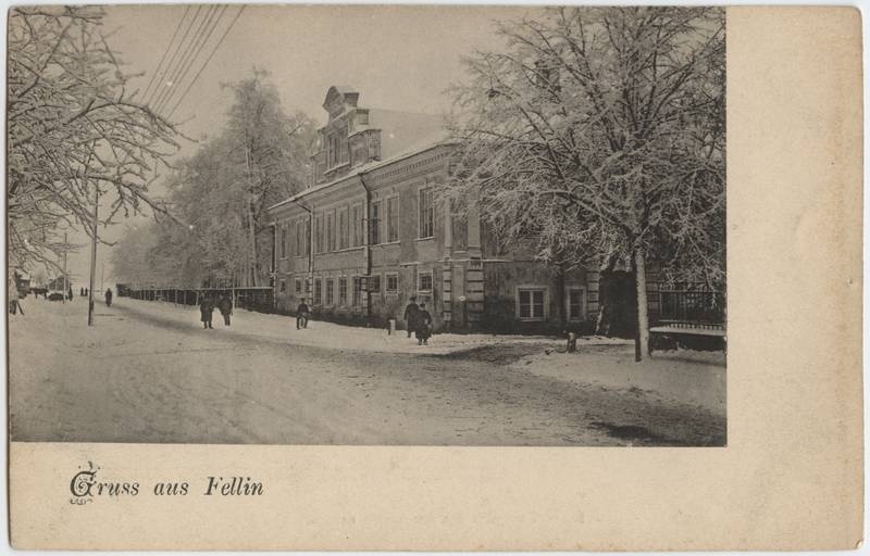 trükipostkaart, Viljandi, Tallinna tn, Uue tn ja Jakobsoni tn vahel, aadlipreilide pansionaat Stift, talv, u 1905