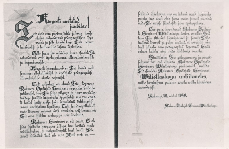 Auaadress vilistlastelt direktor V. Raami juubeliks
