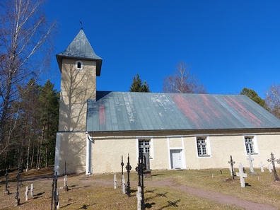 Photo. View of the rooslepa church. rephoto