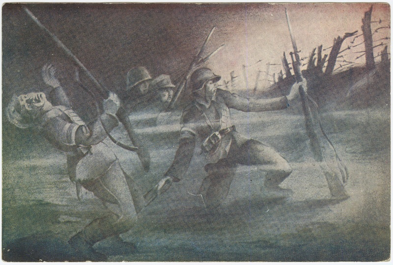 Postkaart (J. Zimmermanni trükikoda). "Meie väed Krasnaja Gorka all". Kuperjanovi partisanide rünnak vaenlase kindlustatud positsioonidele, oktoobris 1919. a.