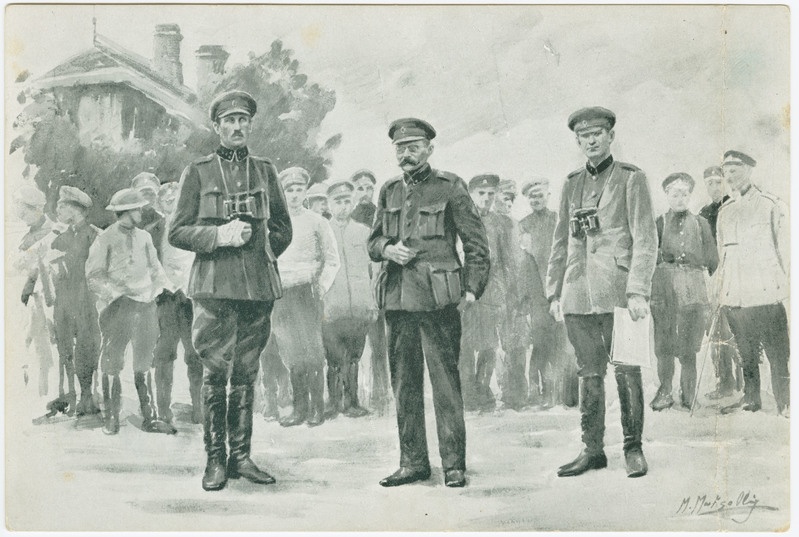 Postkaart. Maximilian Maksolly maalirepro "Landesfääri [Landesveeri] Purustajad. Meie vägede juhid: kol. Parts, kindral Põder ja Kol. Reek Riia all, juulis 1919.a."
