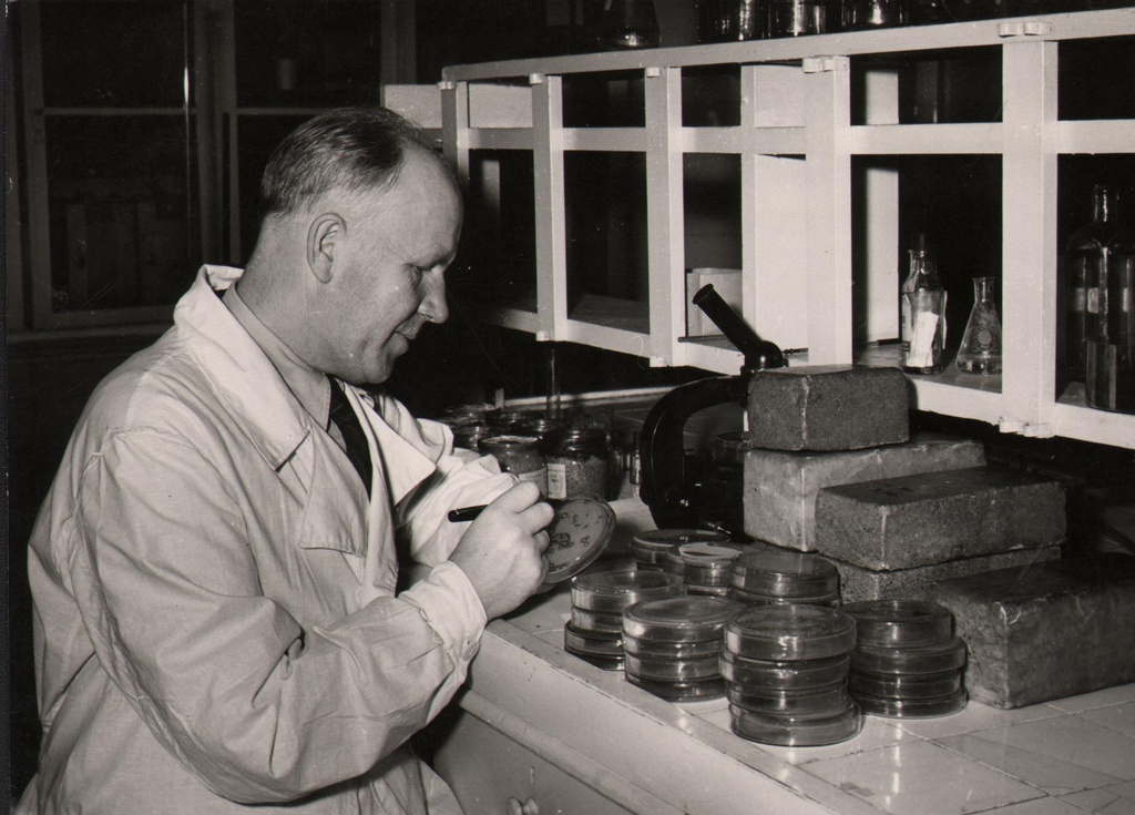 Tartu EPA vanem õpetaja Jaan Klaar tahket silobaktermassi kontrollimas